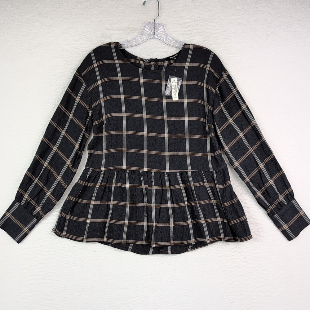 NWT Madewell Button-Back Peplum Top Size XS Black‎ Plaid Dark Nightfall